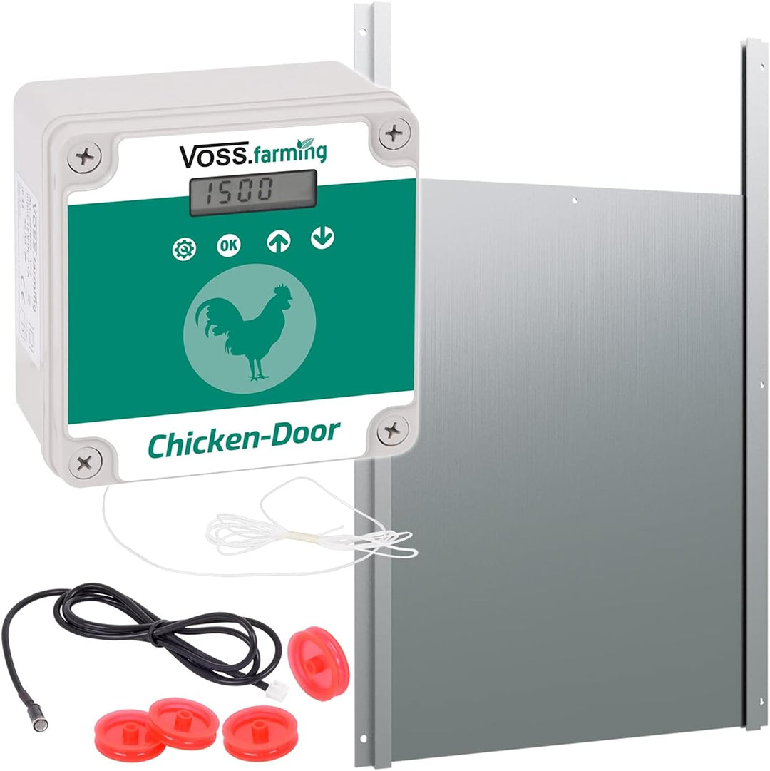 VOSS.farming Set Chicken-Door automatische Hühnertür + Alu Hühnerklappe 300 x 400mm, Türöffnung, Tür