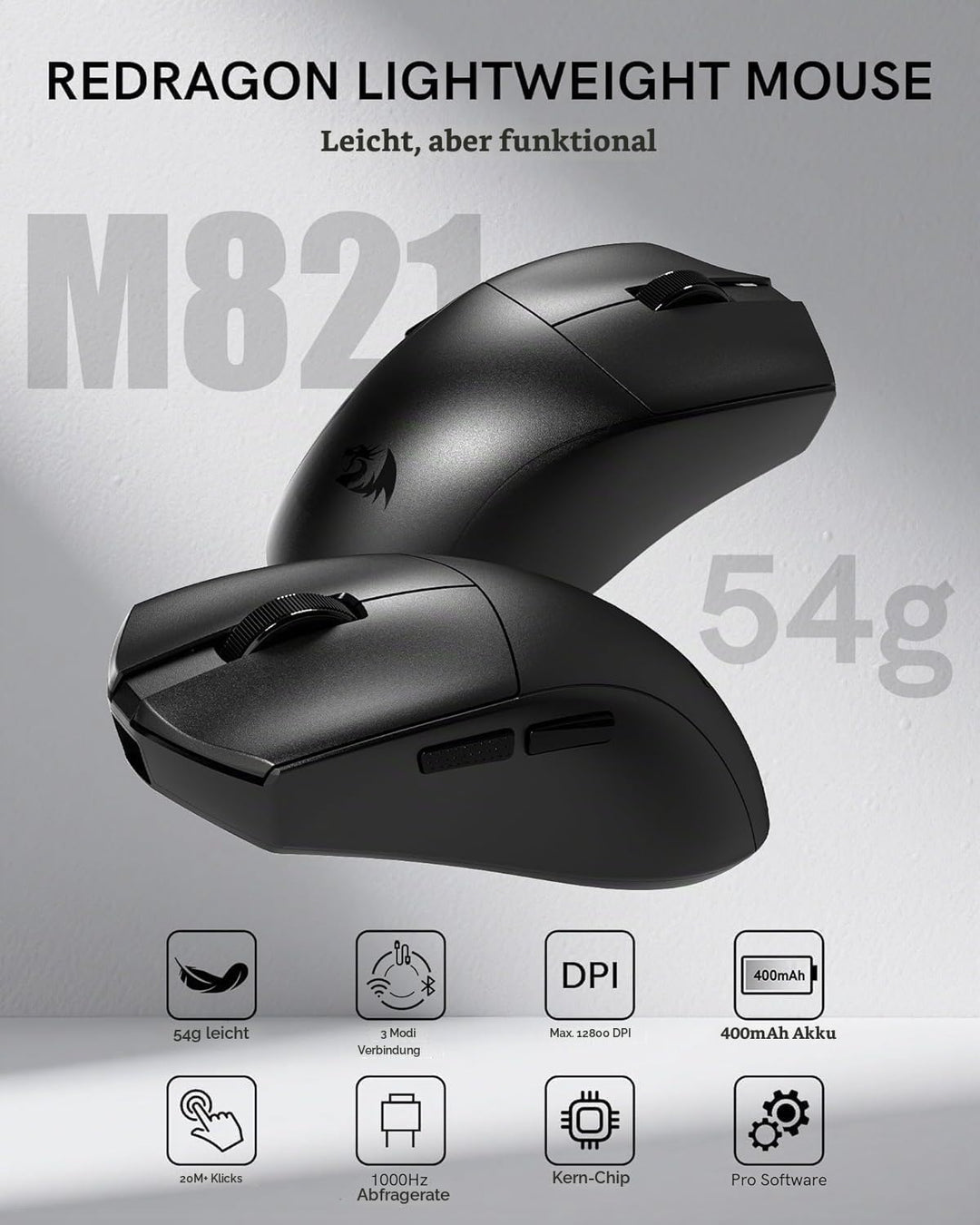 Redragon M821 Ergonomische Kabellose Gaming Maus 54g 3-Mode 12800DPI 1000Hz