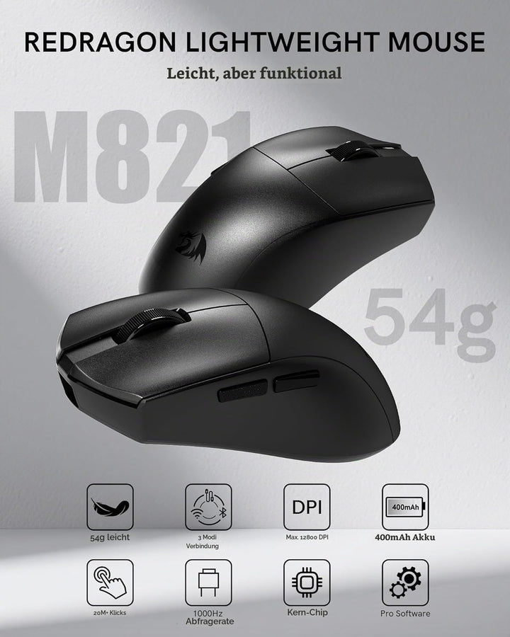 Redragon M821 Ergonomische Kabellose Gaming Maus 54g 3-Mode 12800DPI 1000Hz