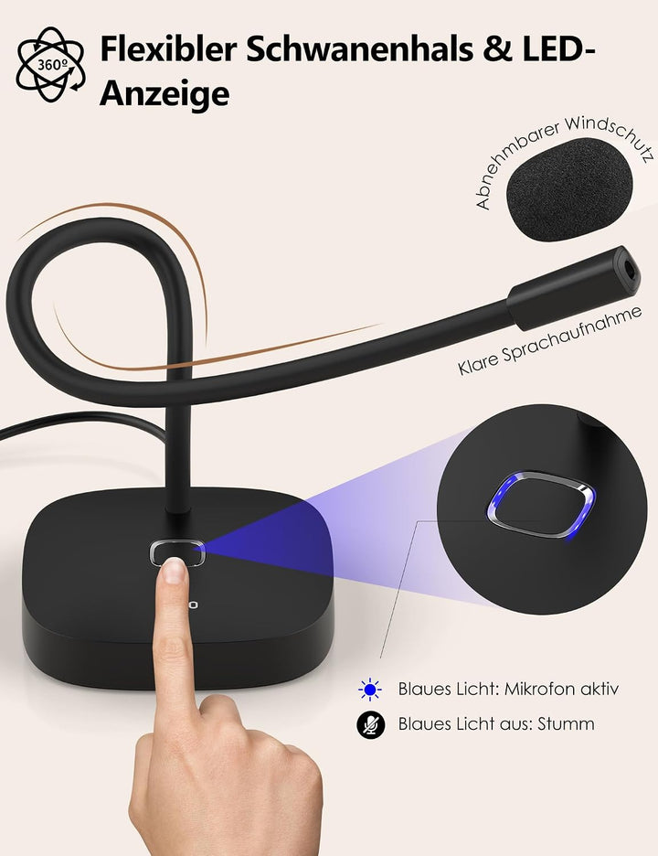 MillSO USB Mikrofon für PC Standmikrofon mit Touch-Mute, 360° Schwanenhals