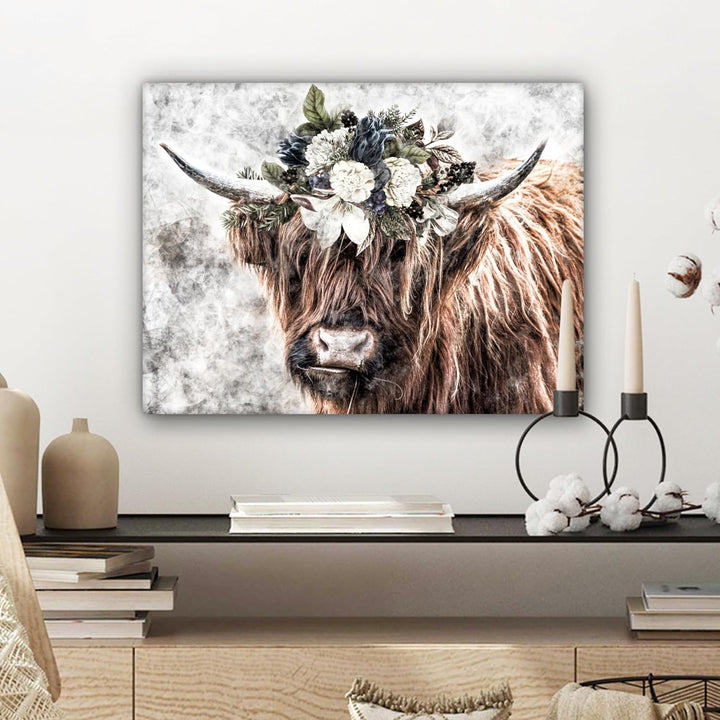 MuchoWow Leinwand Bilder, Einzigartige Wanddeko mit Rahmen, Schottischer Hochländer - Rauch - Flora,