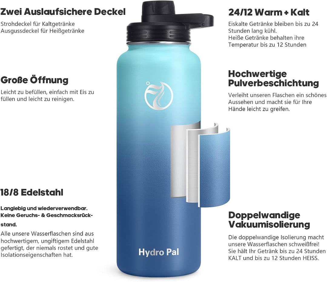 HydroPal Edelstahl Trinkflasche - 750ml, 1L, 1,2L, BPA-Frei, Kohlensäure geeignet, Isolierte Thermos