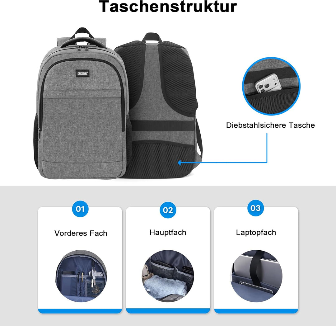 TANTOMI Rucksack Herren, Gross Laptop Rucksack 17 Zoll Schulrucksack Laptoptasche mit USB Ladeanschl