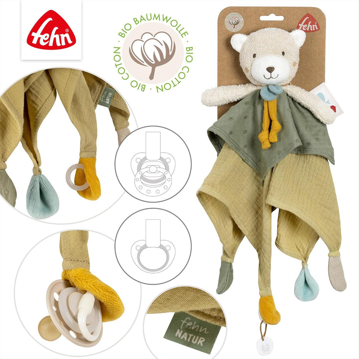 Fehn Schmusetuch Bär fehnNATUR - Spielkamerad & Stofftier-Schnuffeltuch mit Baumwolle aus kontrollie