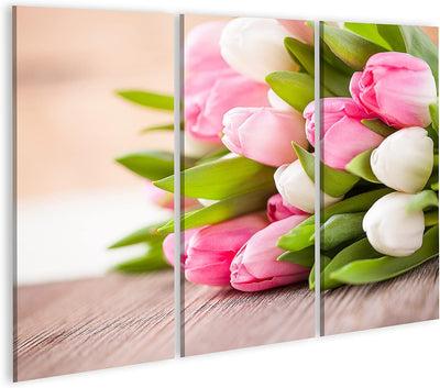 Bild auf Leinwand Strauss Tulpen Vor Frühlingsszene Wandbild Poster Kunstdruck Bilder Format: 130x80