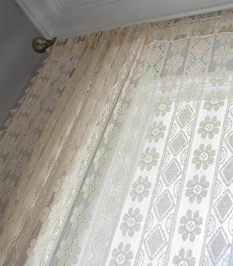 Freyamy 2er Set Gardinen Transparent Blumen Stickerei,Transluzente Vorhang Beige mit Stangendurchzug