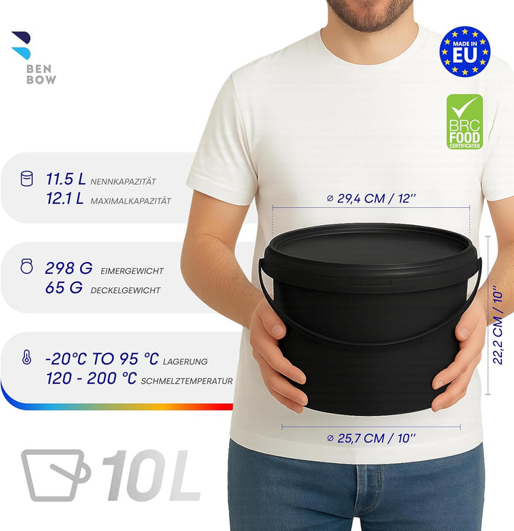 BenBow Eimer mit Deckel 10l schwarz 5X 10 Liter - lebensmittelecht, stabil, luftdicht, auslaufsicher
