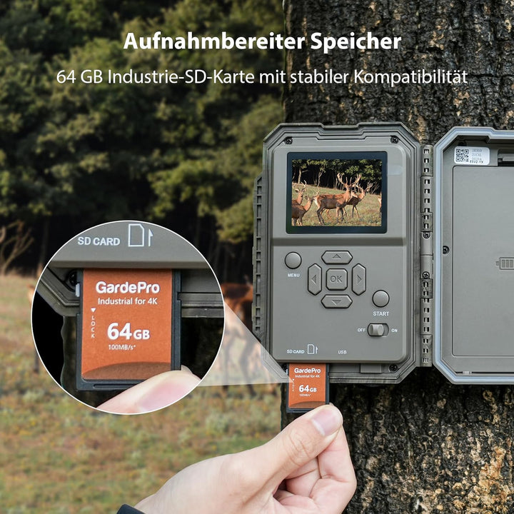 GardePro E5 2.0 4K Wildkamera, 64GB SD-Karte, 64MP Wildtierkamera mit 0,1s Auslöser, 30m no-Glow Nac