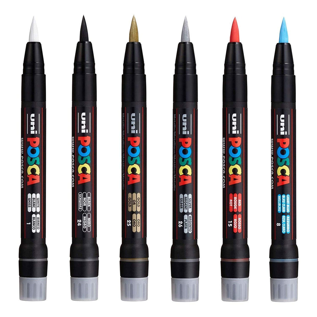 Posca Uni PCF-350 Lackstift mit Pinselspitze – Stoffglas-Metallstift – die 6 beliebtesten Farben
