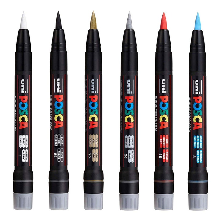 Posca Uni PCF-350 Lackstift mit Pinselspitze – Stoffglas-Metallstift – die 6 beliebtesten Farben