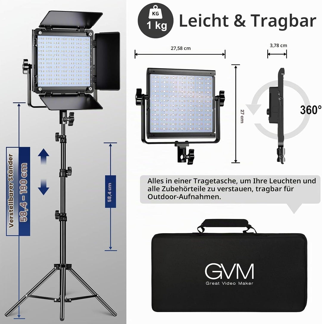 GVM LED Videoleuchte mit Stativ, APP Steuerung 800D RGB Videolicht led, dimmbares 3200-5600K LED Stu