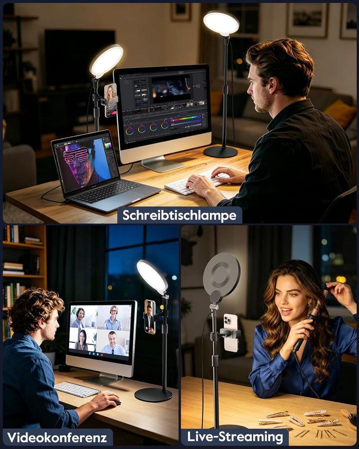 Ringlicht mit Ständer, Schreibtischlampe mit 3 Farbtemperaturen & 10 Helligkeitsstufen, CRI>97,8 Str