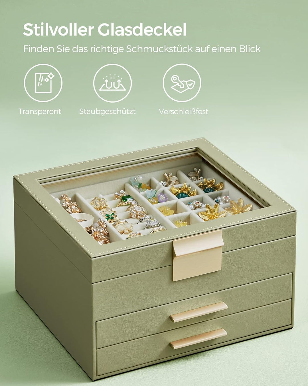 SONGMICS Schmuckkästchen, Schmuckkasten 3 Ebenen, Schmuckbox mit Glasdeckel, 2 Schubladen, Schmuckau
