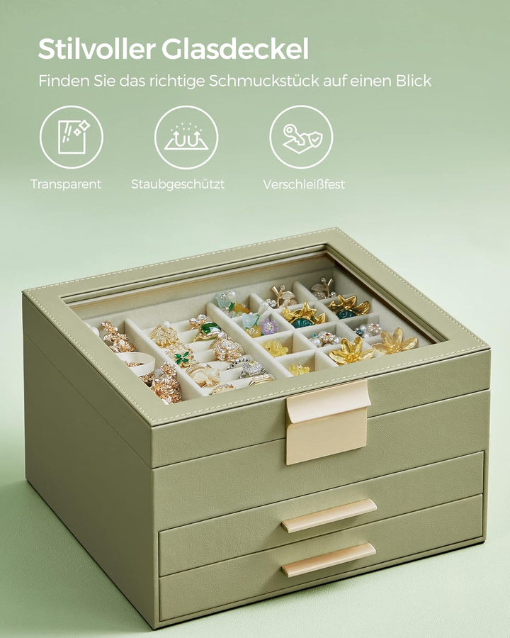 SONGMICS Schmuckkästchen, Schmuckkasten 3 Ebenen, Schmuckbox mit Glasdeckel, 2 Schubladen, Schmuckau