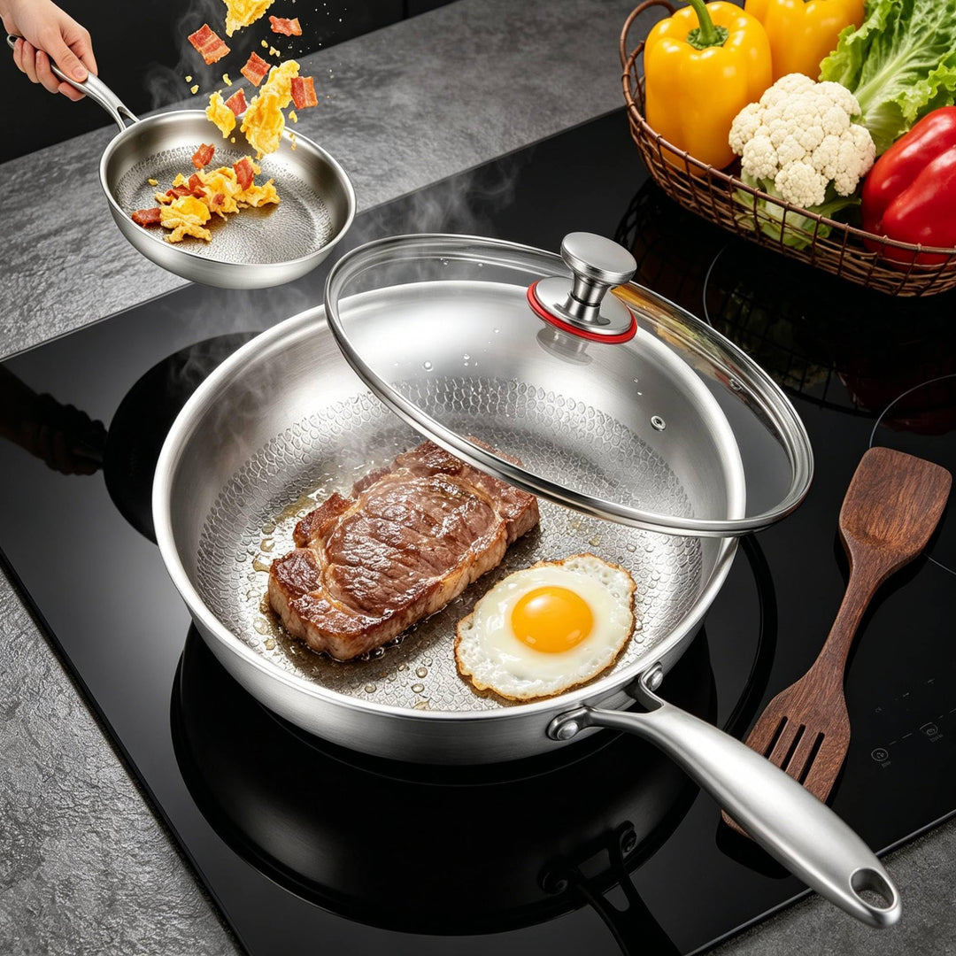Bratpfanne 30 cm Antihaft Wabenpfanne mit Deckel &amp; Holzpfannenwender, Titan-Pfanne Edelstahl-Indukti
