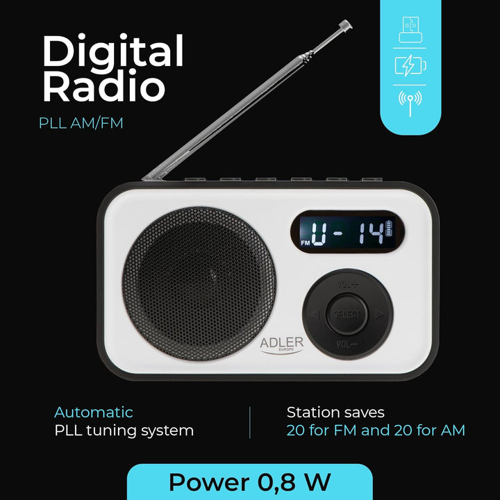 Adler Tragbares Digitalradio, AM/FM AD 1907, LCD-Display, Teleskopantenne, Speicher für 40 Sender, a
