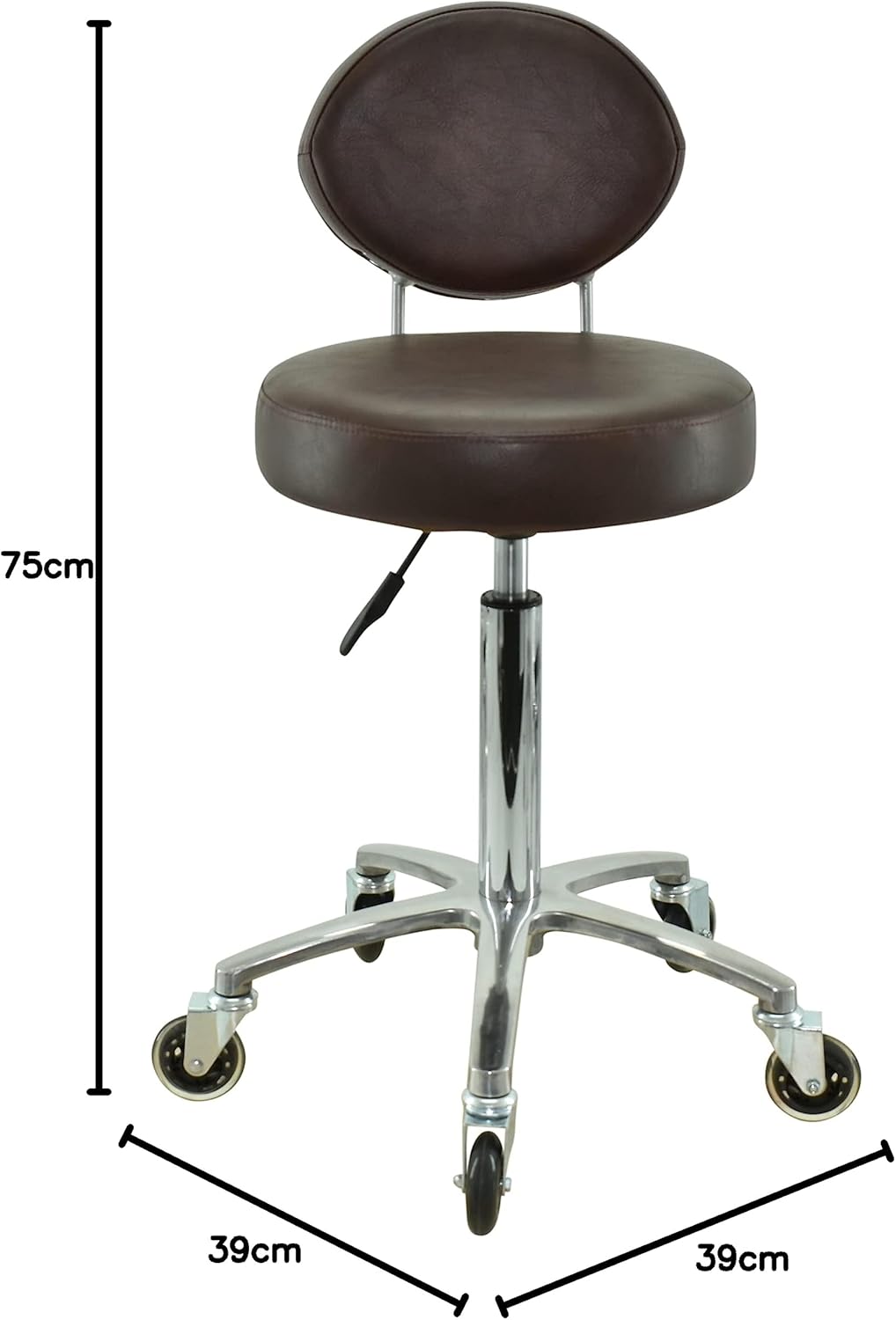 Premium Rollhocker braun mit ovaler Lehne höhenverstellbar von 55 bis 75 cm - Rundsitz- Drehhocker A