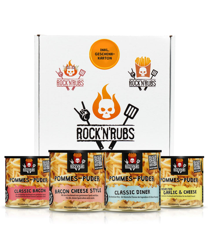 Rock'n'Rubs® Pommes-Puder 4er Set Classic Bacon, Bacon Cheese, Roasted Garlic & Cheese – Würzmischun