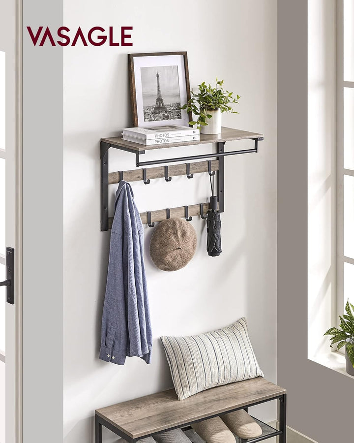 VASAGLE Wandgarderobe, Schuhbank, Wandregal mit Ablage und 10 Haken, Schuhregal mit 3 Ebenen, Aufbew