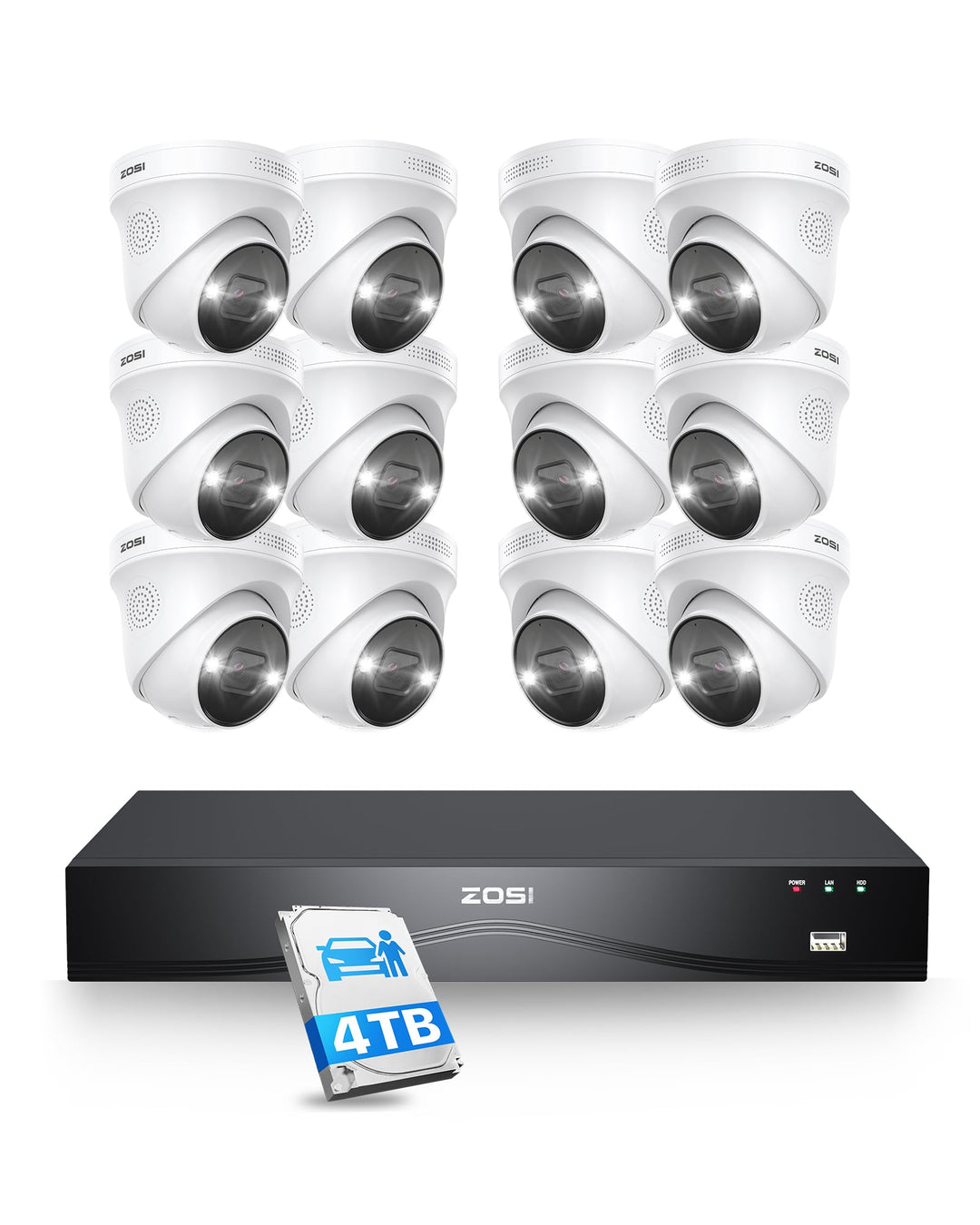ZOSI 32CH 4K Outdoor Überwachungskamera Set, 12X 8MP PoE IP Outdoor Kamera mit 4TB HDD NVR für 24/7