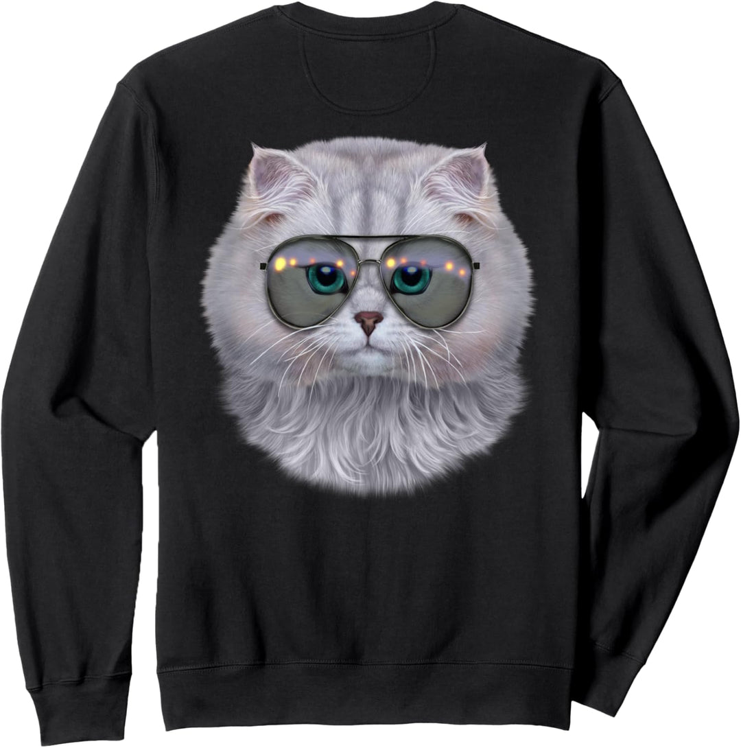 Weisse Katze, die Fliegersonnenbrille trägt Sweatshirt