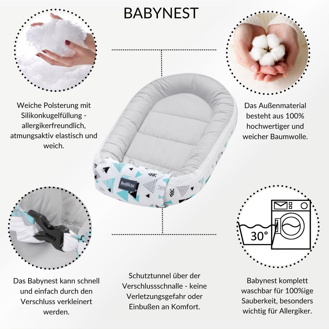 Bellochi Growing in style Premium Babynestchen Neugeborene - Nestchen Baby 90x60x12cm - 100% Baumwol
