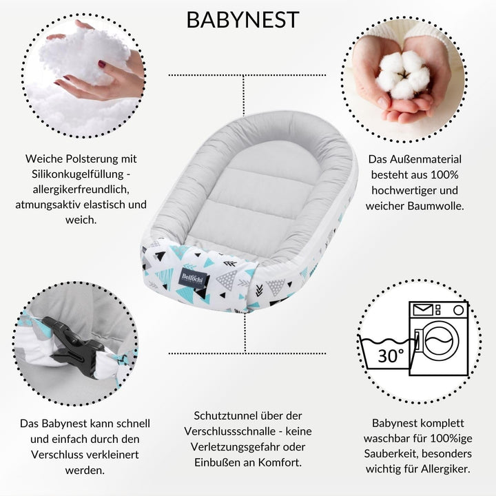 Bellochi Growing in style Premium Babynestchen Neugeborene - Nestchen Baby 90x60x12cm - 100% Baumwol