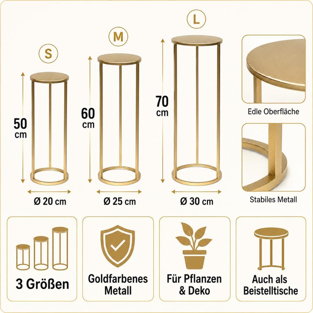 DanDiBo Blumenhocker Metall Gold Rund Blumenständer Beistelltisch 96510 3er Set Blumensäule Modern P