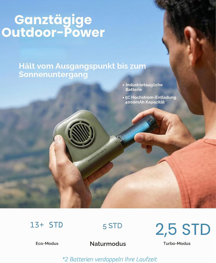 InoKraft Freihändiger Clip-Ventilator, tragbarer Ventilator mit 4Ah Wechselakku, 49 ft/s Turbo Fan,