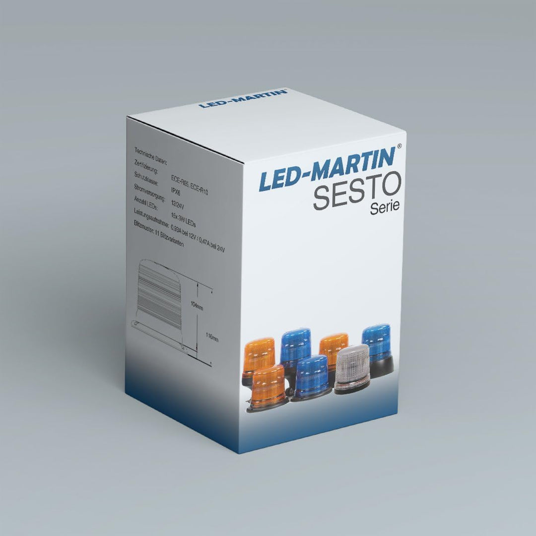 LED-MARTIN Rundumleuchte Sesto - 11 Blitzmuster - klar/blau - Magnetfuss - 12V 24V. Professionelle K