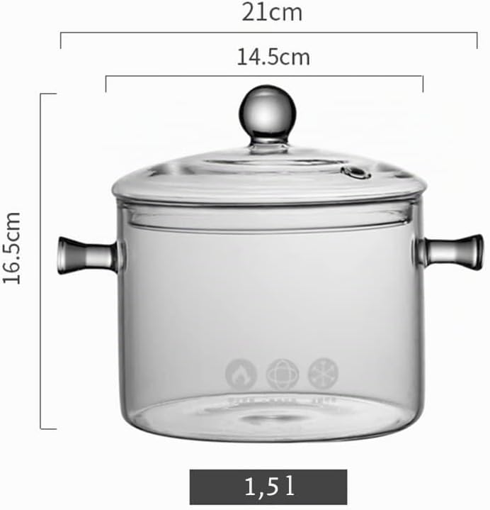1.5L Glastopf zum Kochen, hochtemperaturbeständiger transparenter Glas Suppentopf mit Doppelgriff un