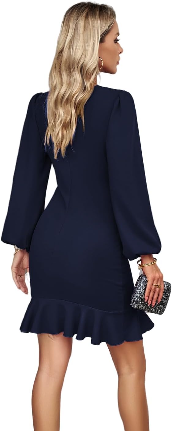 Damen Arbeit Business Kleid Langarm Rüschen Puffärmel Partykleider Bodycon Knielang Abendkleider Ble