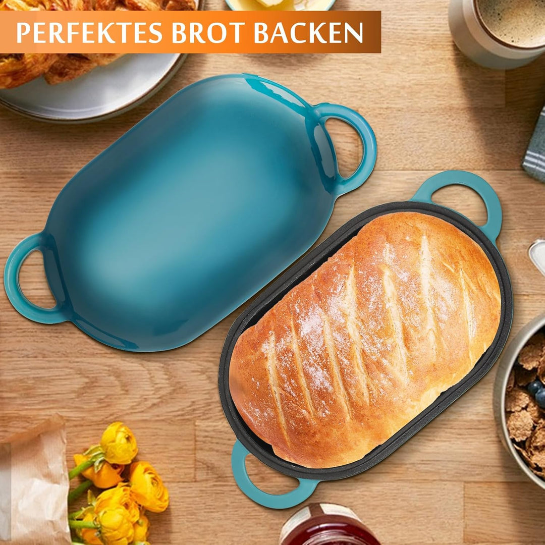 Gusseisen Brotbackform mit Deckel, 23 cm Emaille Gusseisen Topf Brot Backen, Bräter mit Deckel 2,75