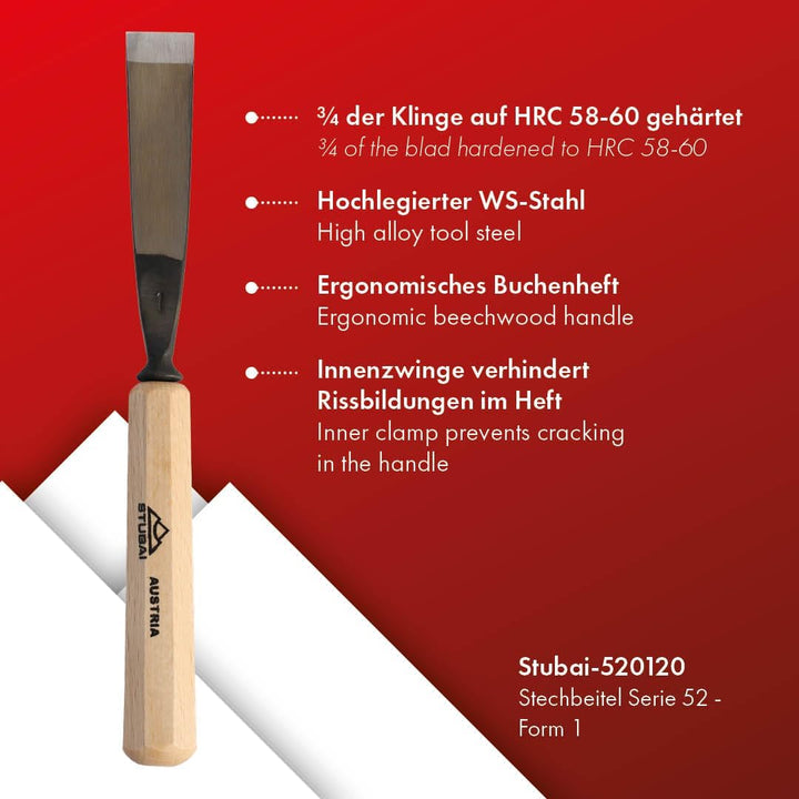STUBAI Stemmeisen Stechbeitel Serie 52 - Form 1 | Gerades Balleisen 20 mm, mit Holzgriff, für glatte