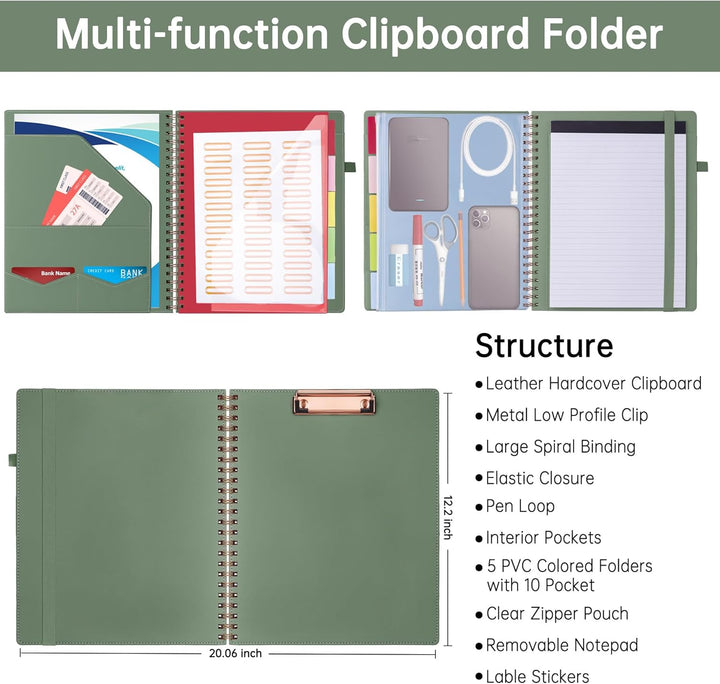HAUTOCO Klemmbrett Folio Mit A4 Zip Beutel, Klemmbrettmappe Mit Nachfüllbarem Notizblock, 5 Ordnern