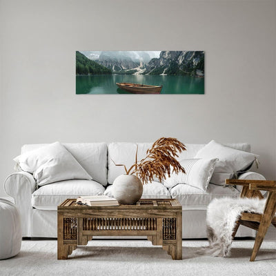 Panorama Bilder auf Leinwand Berge See Boot Leinwandbild mit Rahmen 90x30cm Wandbilder Dekoration Wo