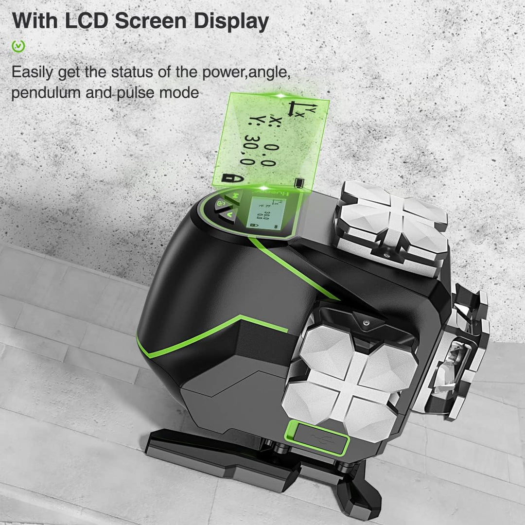 Huepar 3x360°selbstnivellierendes Laserniveau mit LCD-Bildschirm, 3D Bluetooth-Verbindung Grüner Str