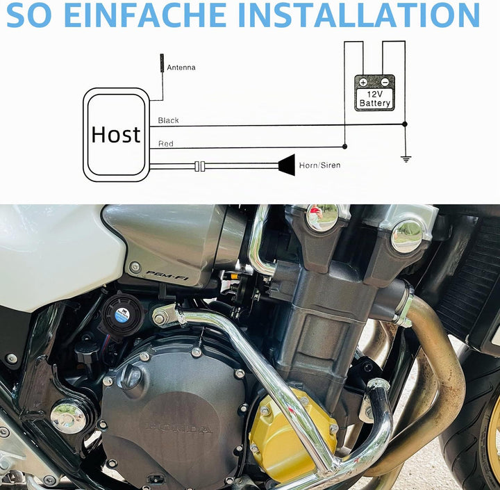 Rupse Motorrad Alarmanlage, Alarm mit 2 Fernbedienung Wasserdicht Diebstahlsicherung Einstellbare Em