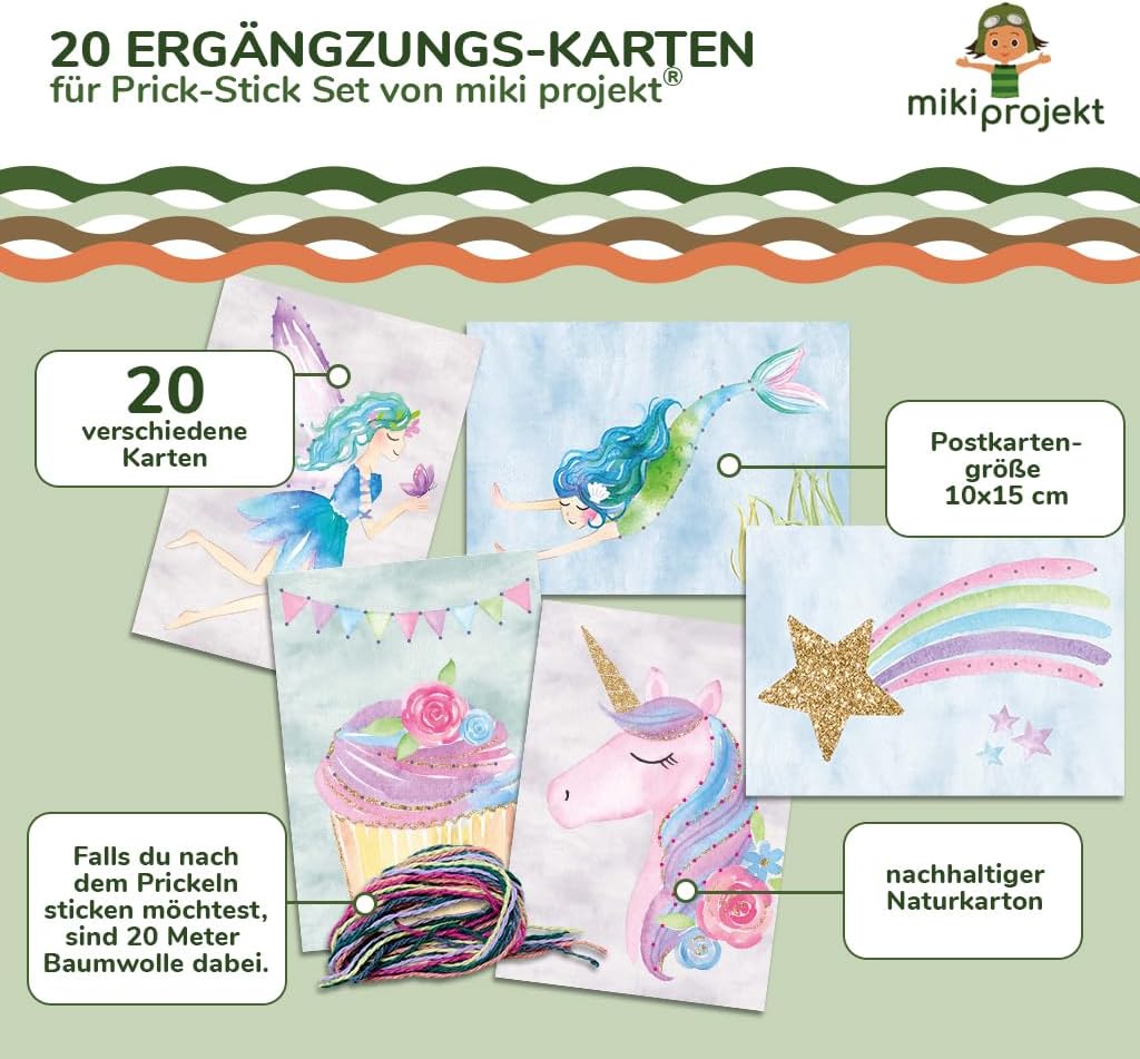 mikiprojekt® Prickelbilder Premiumqualität, Naturkarton - ab 4 Jahren mit Garn - Ausnähkarten – made