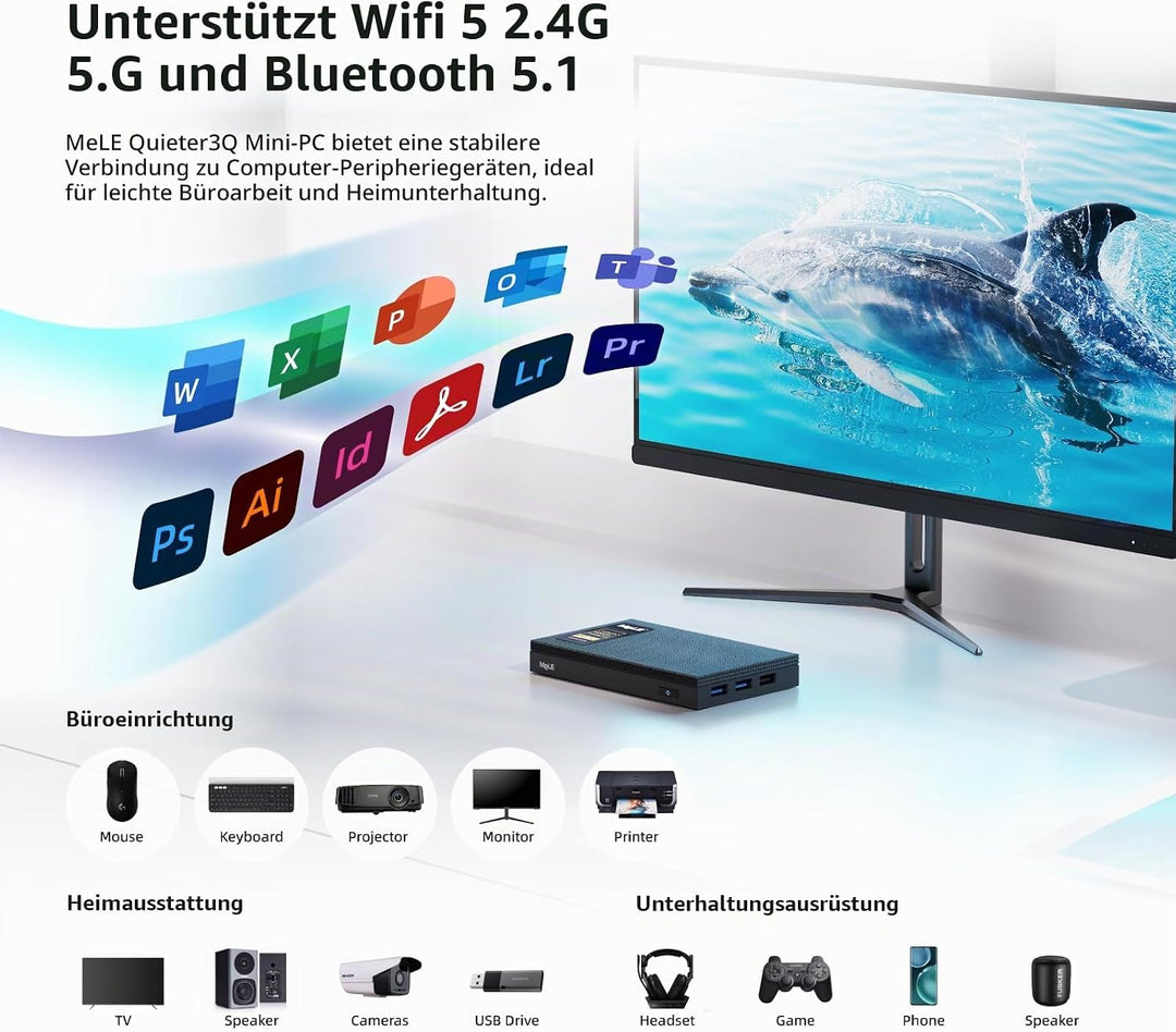 MeLE Quieter3Q Lüfterloser Mini PC Windows 11 Pro Celeron N5105 8GB 256GB, Portable Desktop HDMI Wif