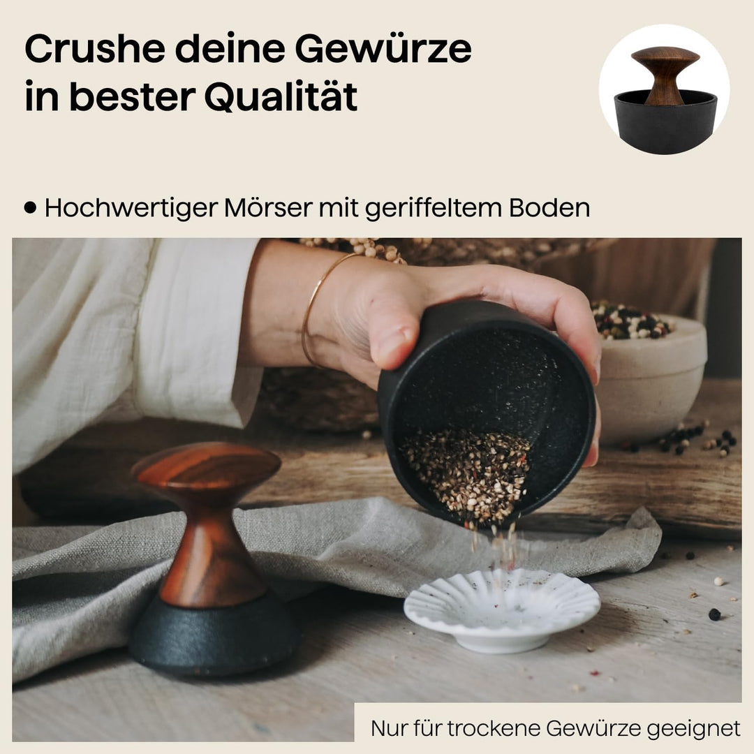 Crushgrind Kiruna Mörser mit Stössel | Gewürzmörser aus hochwertigem Gusseisen und Akazienholz | Zum