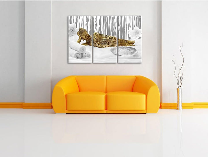 Pixxprint Goldener Buddha auf Handtuch als Leinwandbild/Grösse: 3 Teilig (120x80) cm/Wandbild/Kunstd