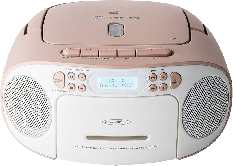 Reflexion RCR2260DAB/PK, Tragbares CD/MP3-Cassetten-USB-DAB+-Stereo Radio (2x12 Watt max. Musikleist