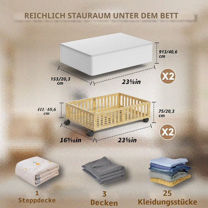 Bambus-Unterbett-Aufbewahrungsbehälter mit Rollen, 2 Stück unter dem Bett, Schuhaufbewahrungsbehälte