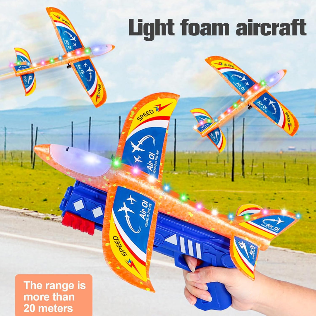 Flugzeug Spielzeug,Styropor Flugzeuge für Kinder mit Katapult & LED – 3 Flugzeug-Spielzeug Set,Wurfg