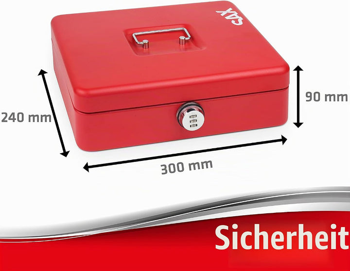 SAX Geldkassette mit Zahlenschloss, extra Starkes Schloss, 30 x 24 x 9cm, X-Large, Rot, 0-824-13 X-L