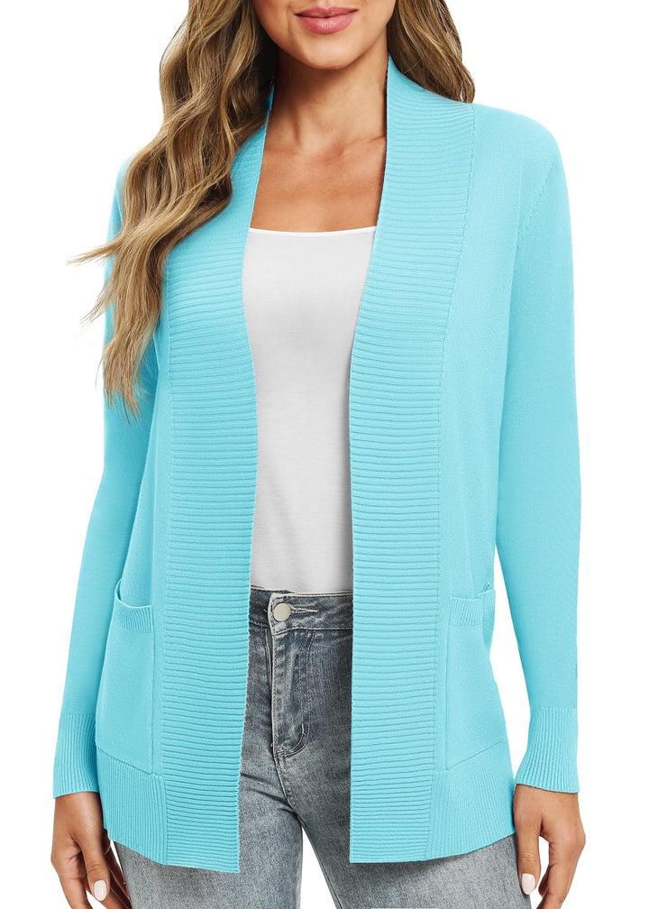 EXCHIC Leicht Damen Lange Ärmel V-Ausschnitt Lange Gestrickt Cardigan Gemütlich Offene Front Strickj