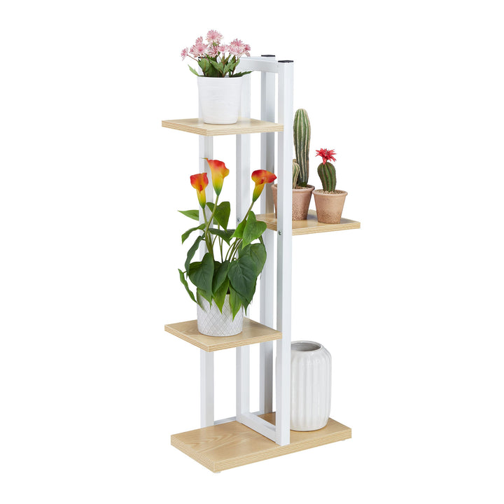 Relaxdays Blumenregal Metall, 4-stufige Indoor Blumentreppe, Holzoptik, HxBxT: 93x42,5x22,5 cm, Pfla