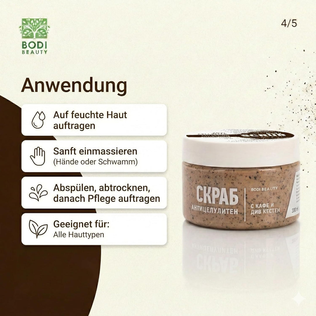 Anti-Cellulite Kaffee-Peeling & Body Scrub 330 ml – Koffein, Kaffeepartikel, Shea & Traubenkernöl, V