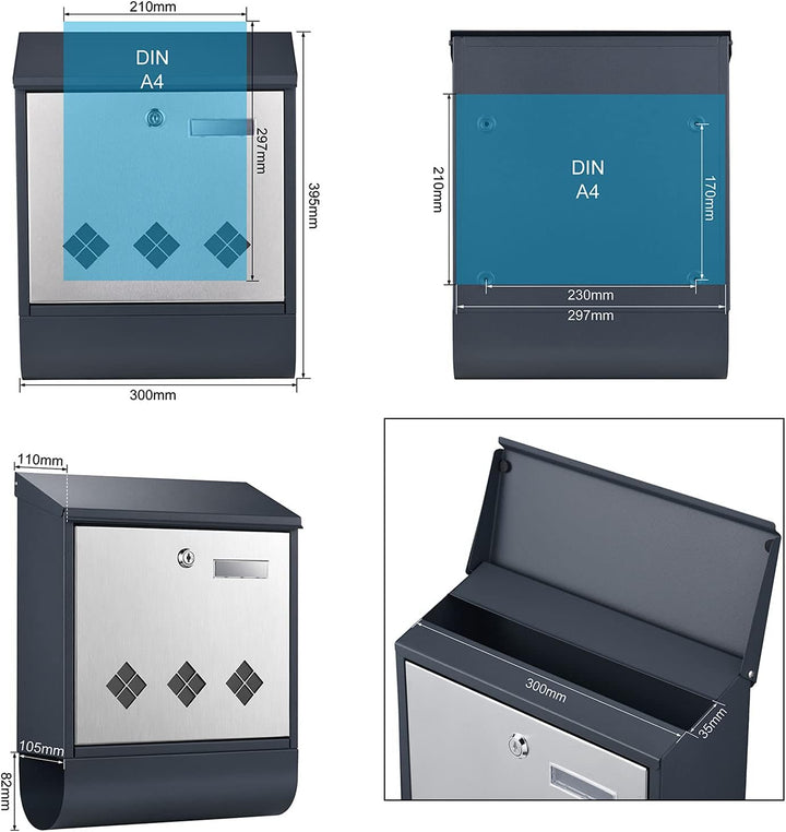 Wiltec Designer Briefkasten V36 Anthrazit und Edelstahl 305 x 105 x 385 mm, Wandbriefkasten mit Schl